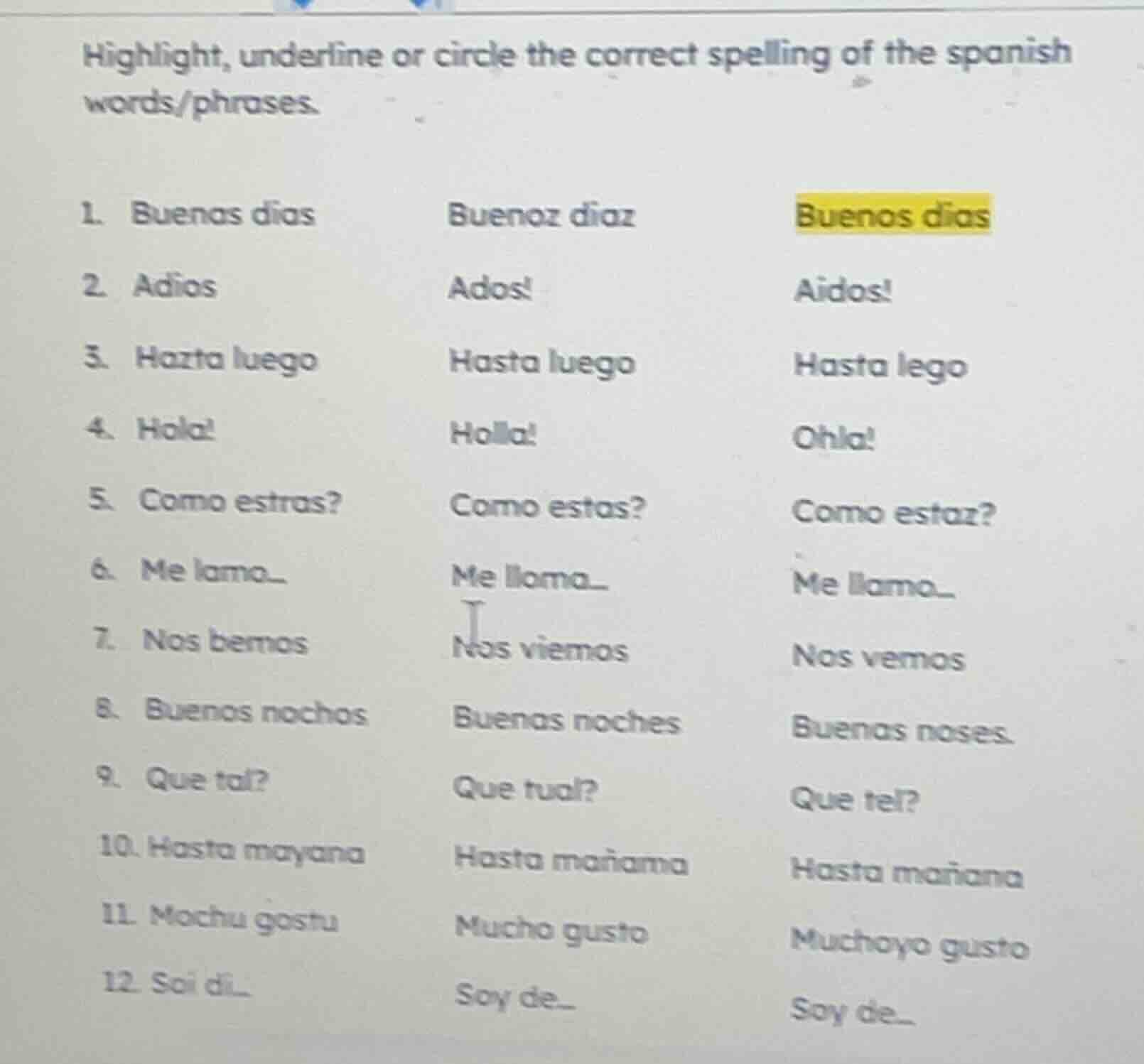 highlight, underline or circle the correct spelling of the spanish word…
