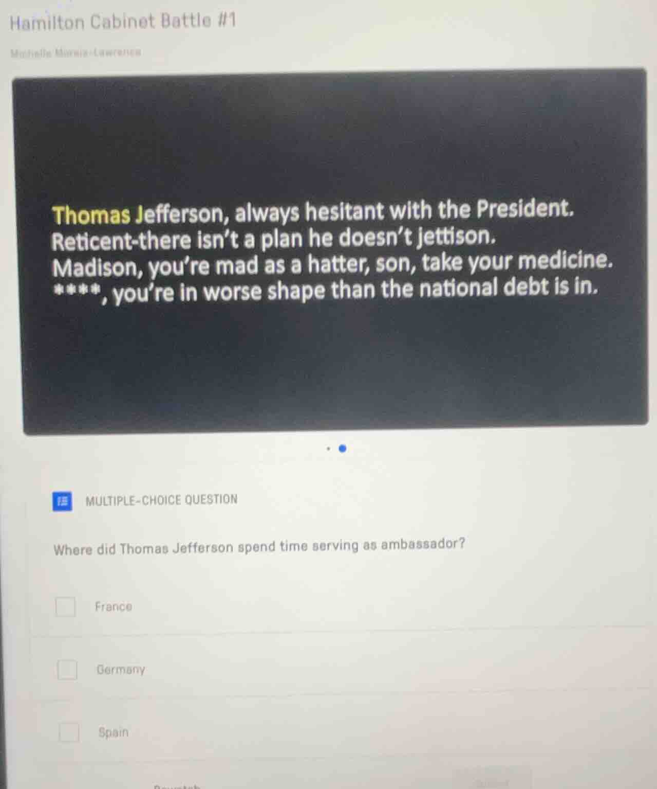 hamilton cabinet battle #1 michelle morria-lawrence thomas jefferson, a…