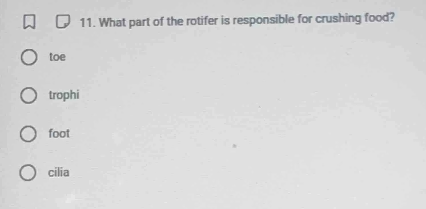 11. what part of the rotifer is responsible for crushing food? toe trop…