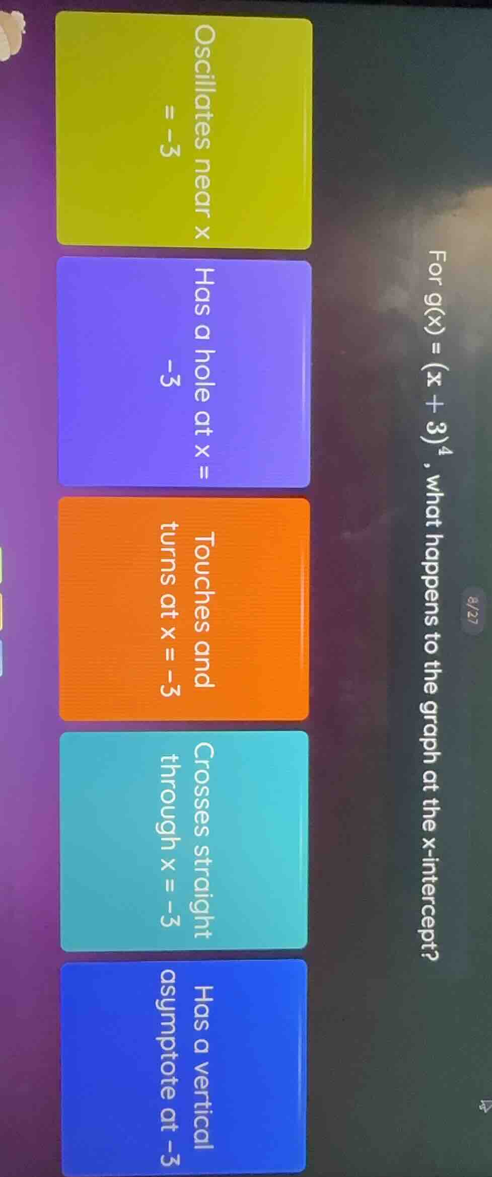 for $g(x) = (x + 3)^4$, what happens to the graph at the x - intercept?…