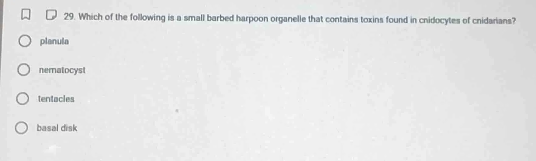 29. which of the following is a small barbed harpoon organelle that con…