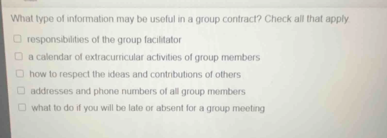 what type of information may be useful in a group contract? check all t…