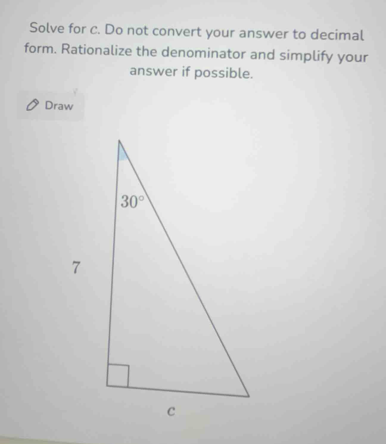 solve for c. do not convert your answer to decimal form. rationalize th…