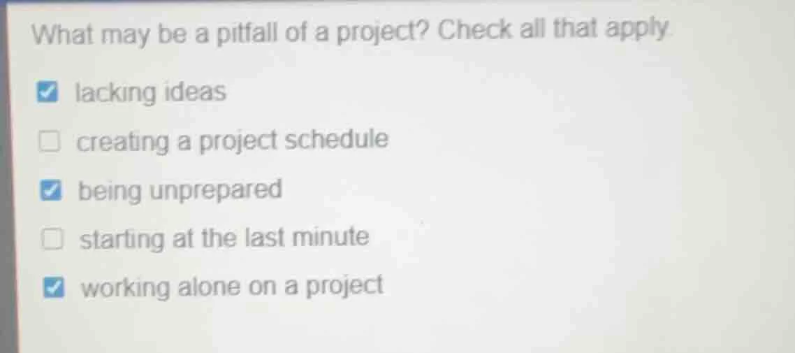 what may be a pitfall of a project? check all that apply. ☑️ lacking id…