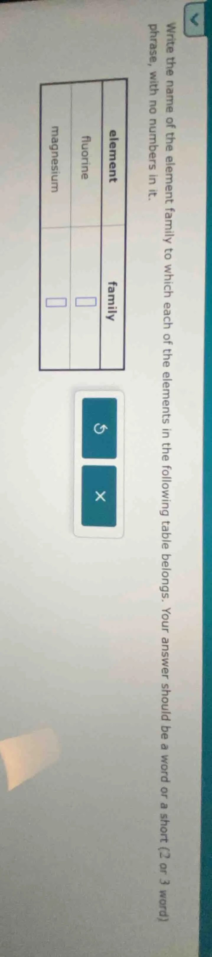 write the name of the element family to which each of the elements in t…