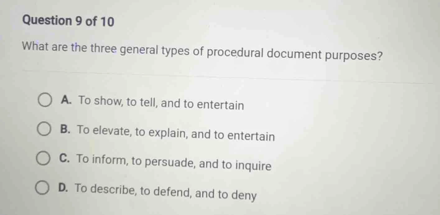 question 9 of 10 what are the three general types of procedural documen…