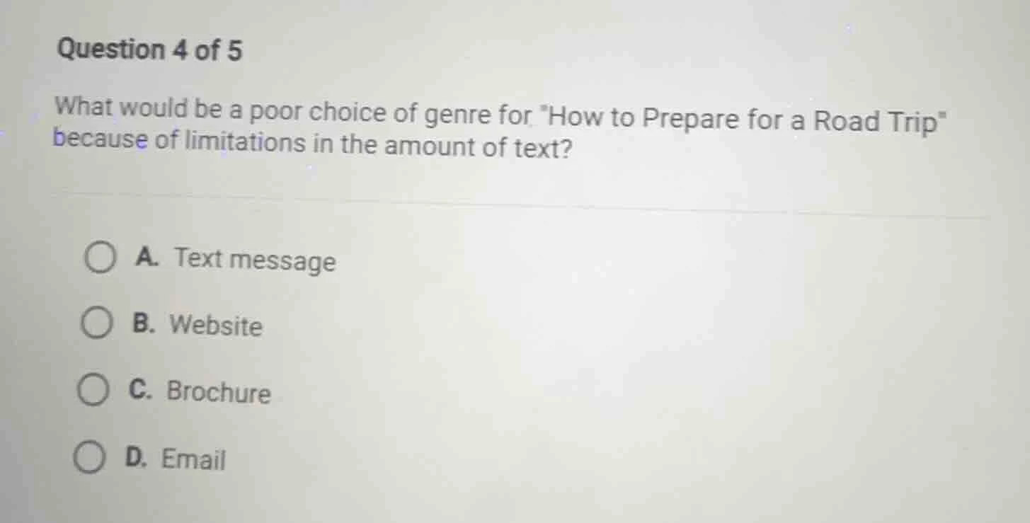 question 4 of 5 what would be a poor choice of genre for \how to prepar…