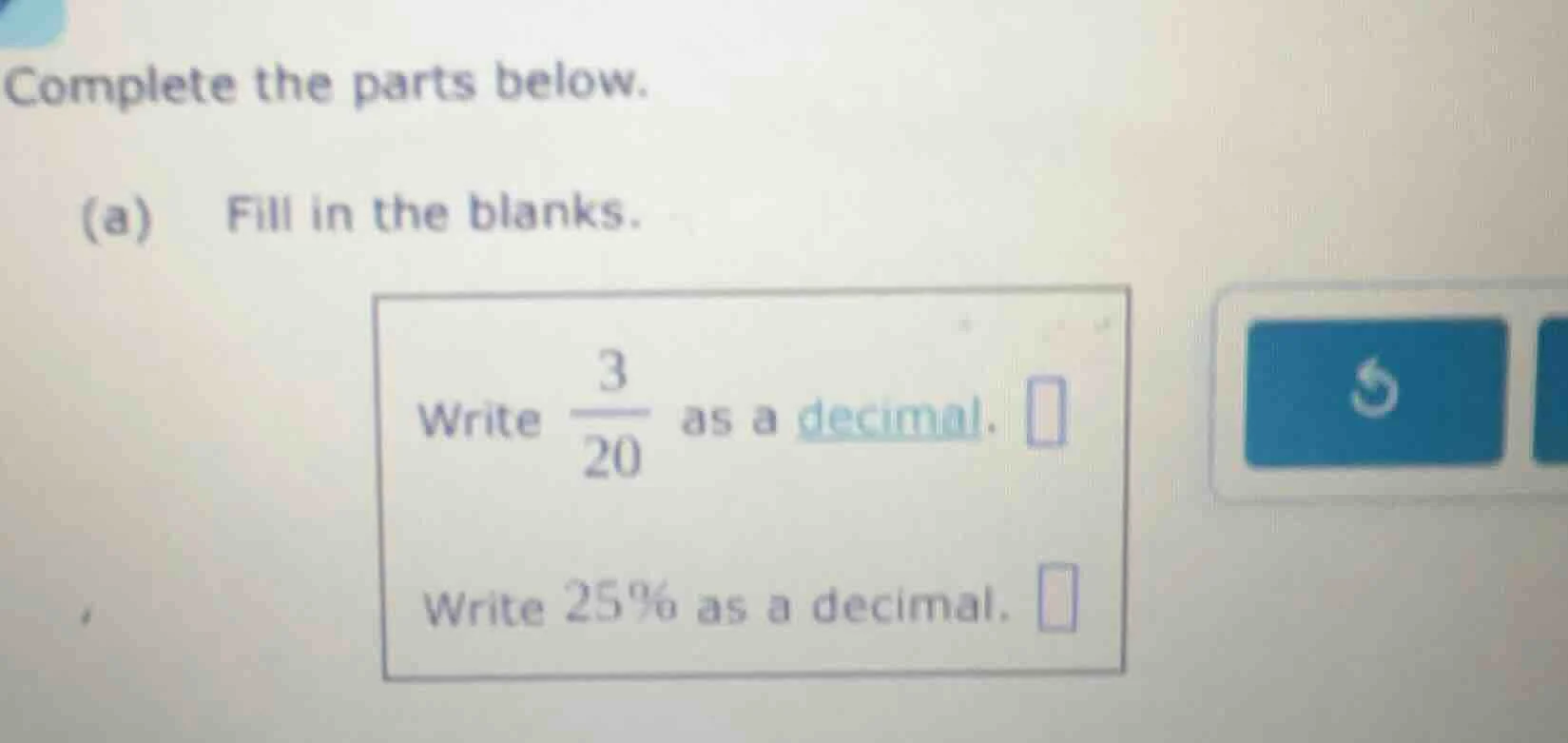 complete the parts below. (a) fill in the blanks. write \\(\\frac{3}{20…