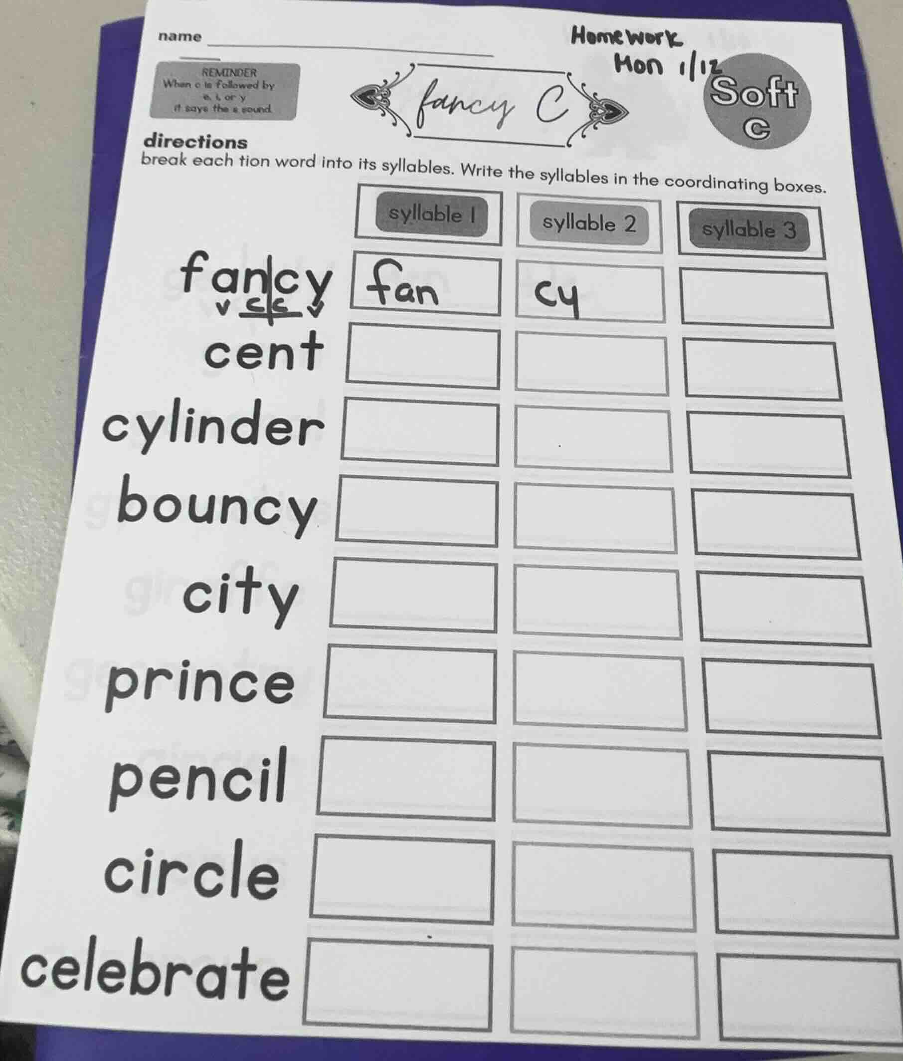 name reminder when c is followed by e, i or y it says the s sound. home…