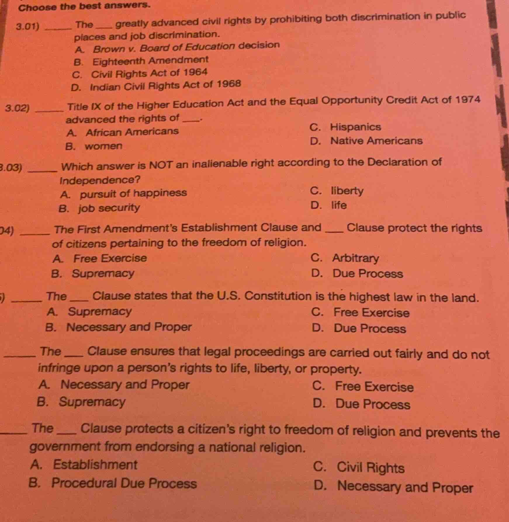 choose the best answers. 3.01) ____ the ___ greatly advanced civil righ…