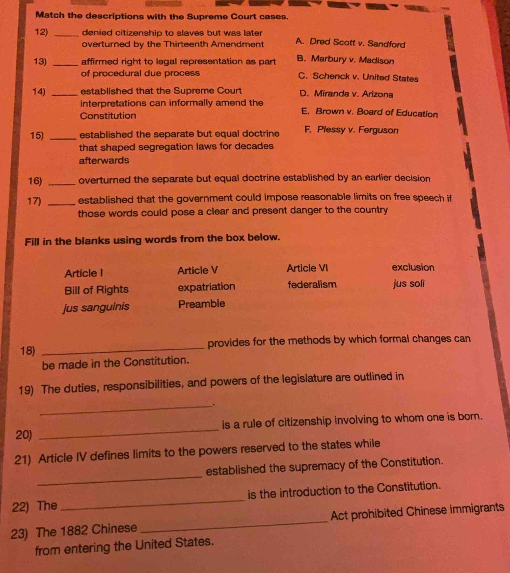match the descriptions with the supreme court cases. 12) ______ denied …