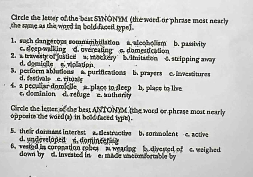 circle the letter of the best synonym (the word or phrase most nearly t…