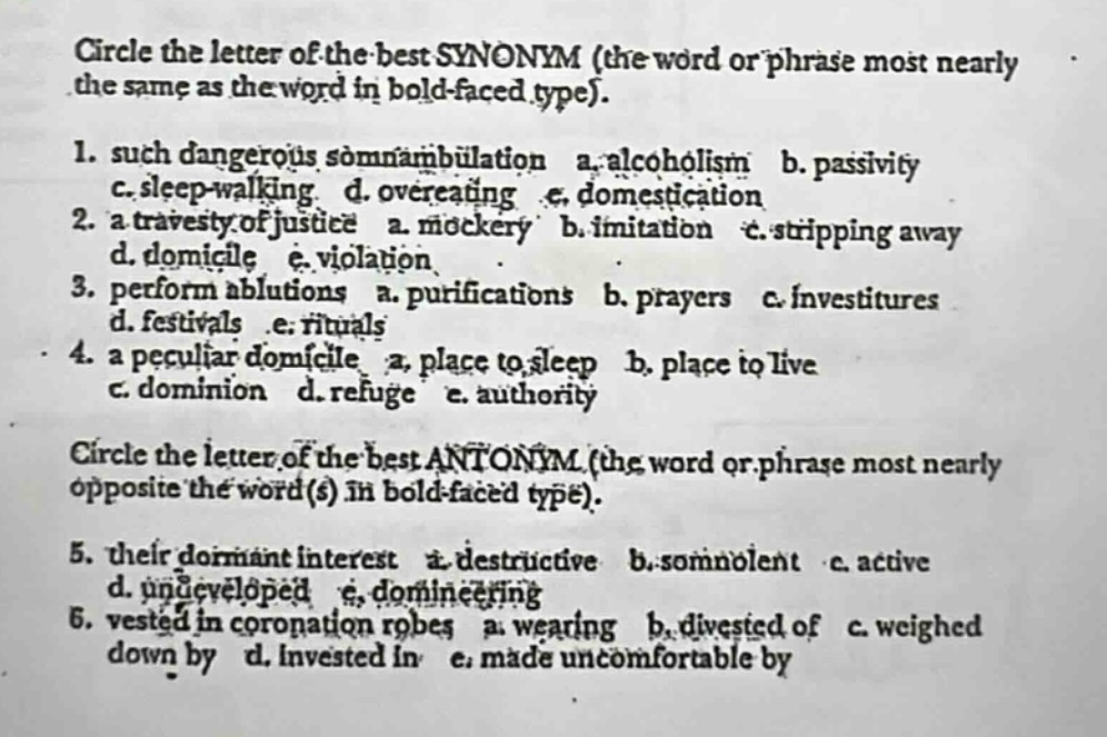 circle the letter of the best synonym (the word or phrase most nearly t…