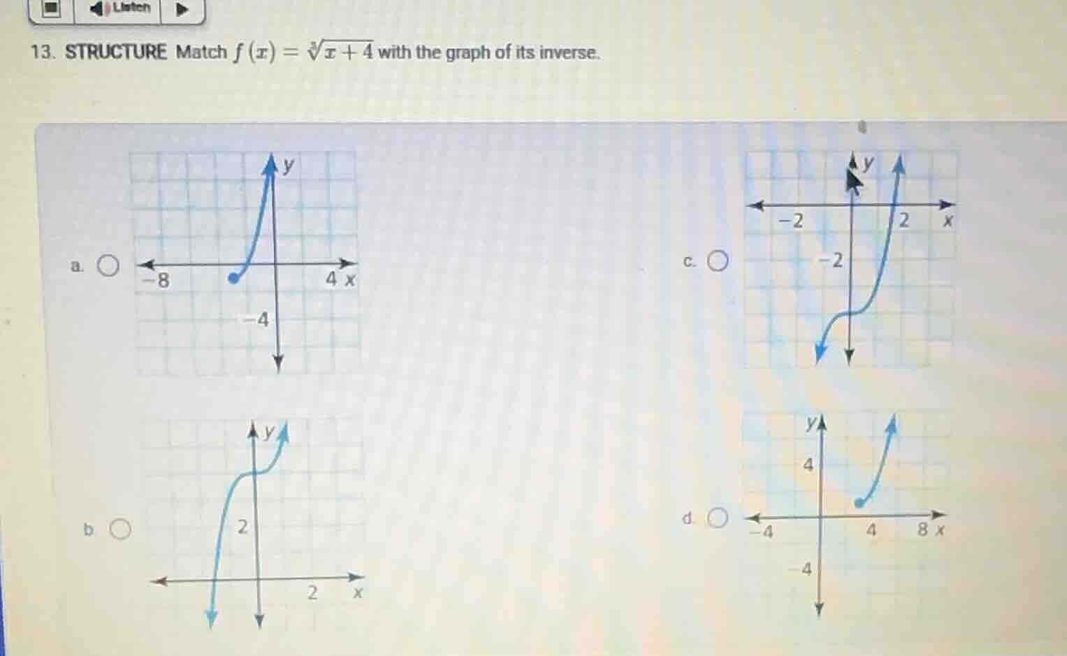 13. structure match $f(x) = \\sqrt3{x + 4}$ with the graph of its inver…