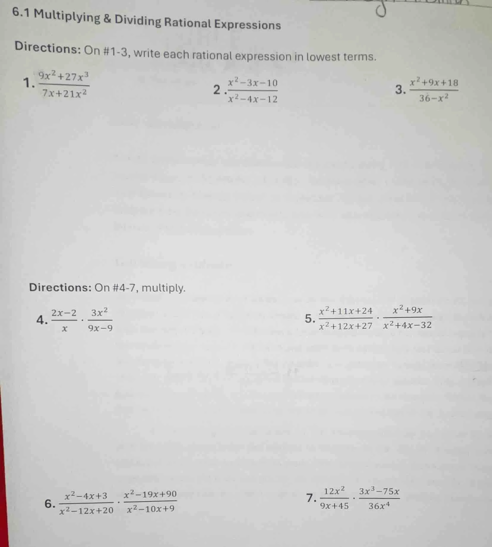 6.1 multiplying & dividing rational expressions directions: on #1-3, wr…