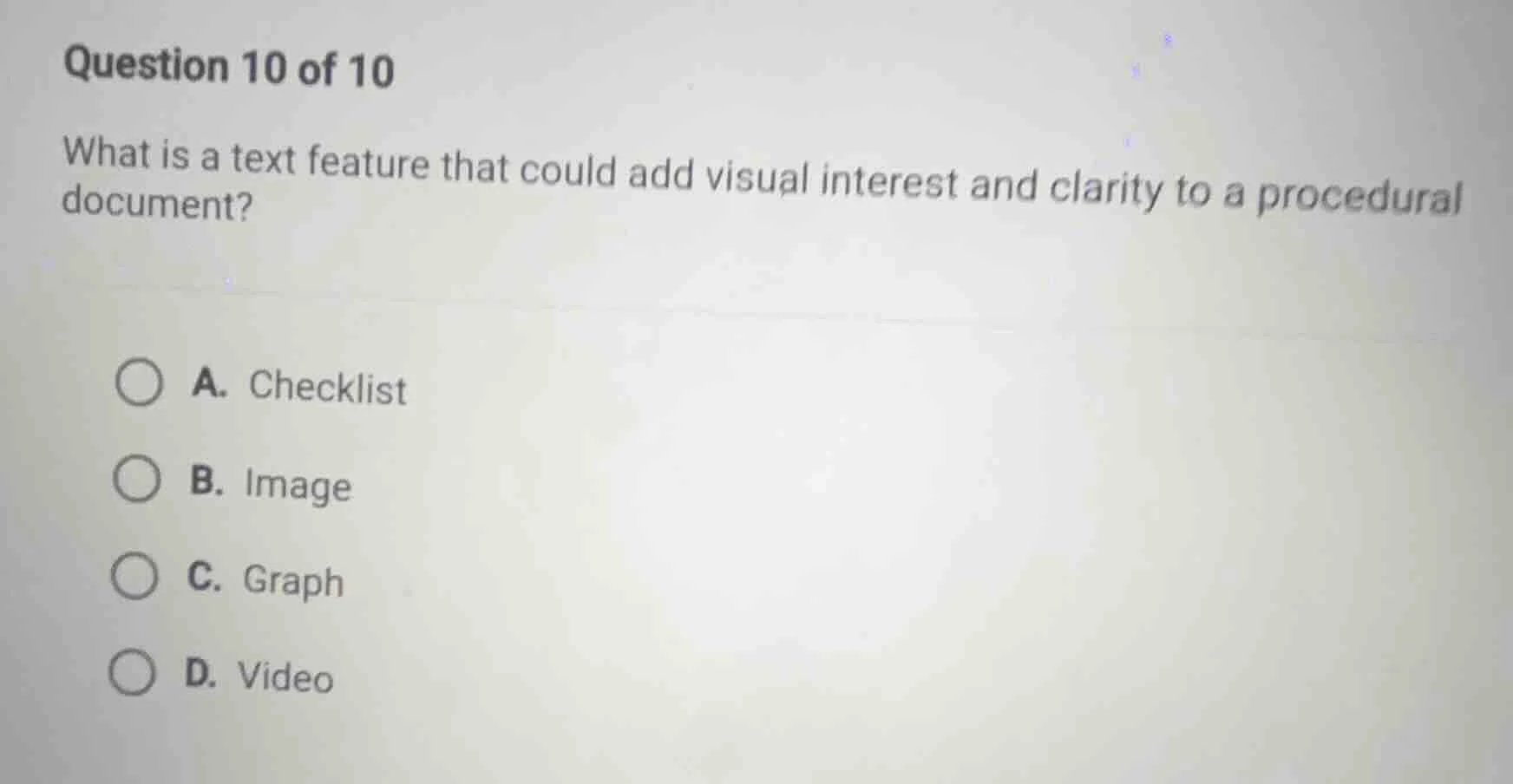 question 10 of 10 what is a text feature that could add visual interest…