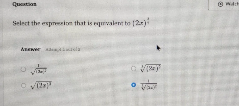 question select the expression that is equivalent to ((2x)^{\frac{3}{2}…