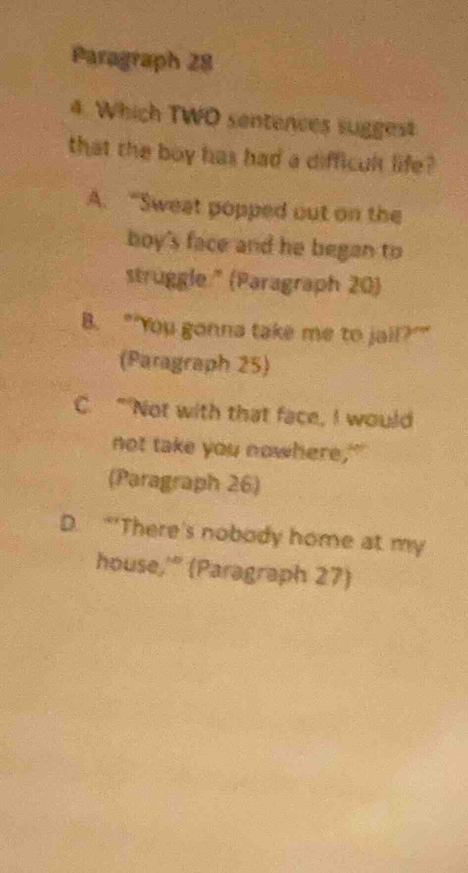 paragraph 28 4. which two sentences suggest that the boy has had a diff…