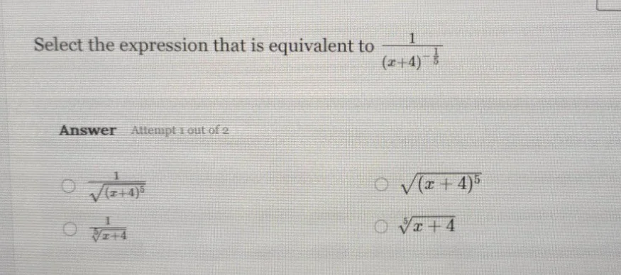 select the expression that is equivalent to \\(\\frac{1}{(x + 4)^{\\fra…