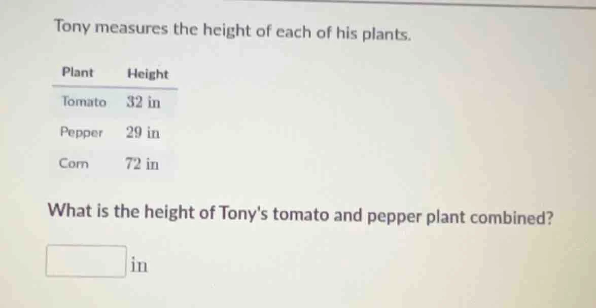 tony measures the height of each of his plants. plant height tomato 32 …