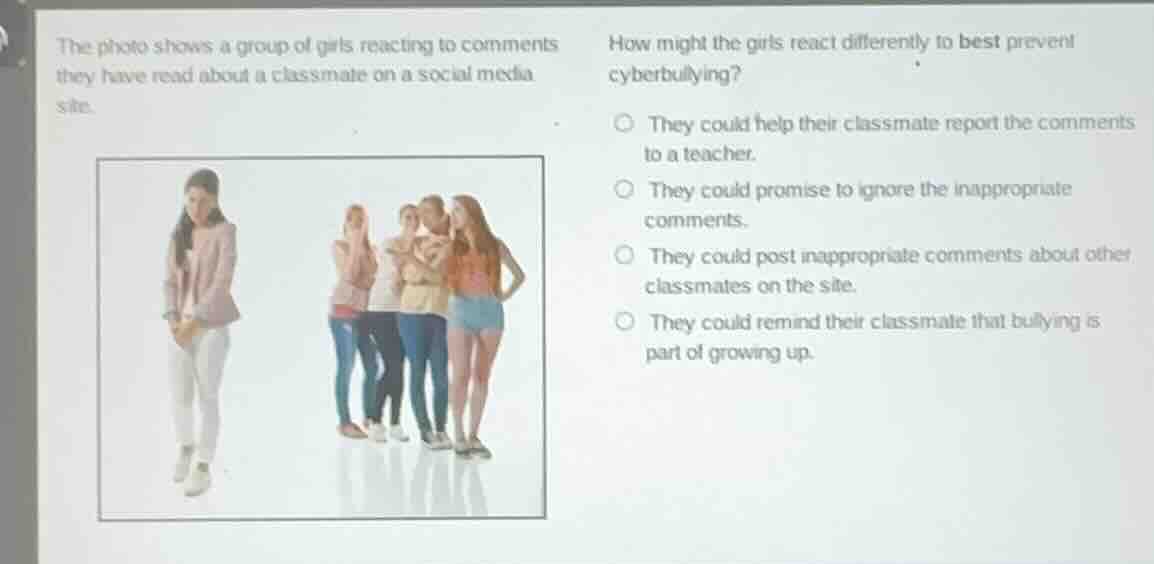 the photo shows a group of girls reacting to comments they have read ab…