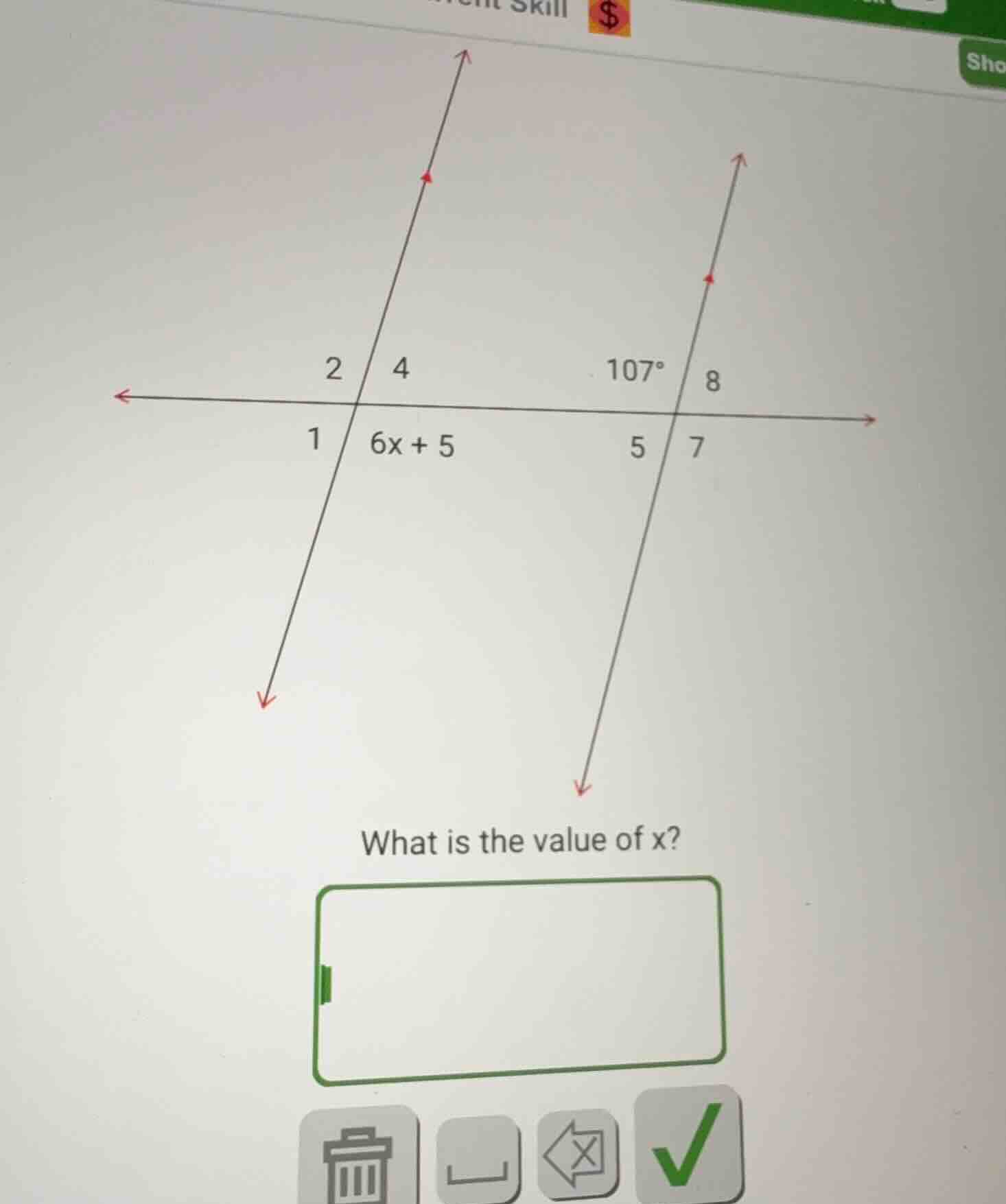 what is the value of x? (with a diagram of two transversal lines inters…