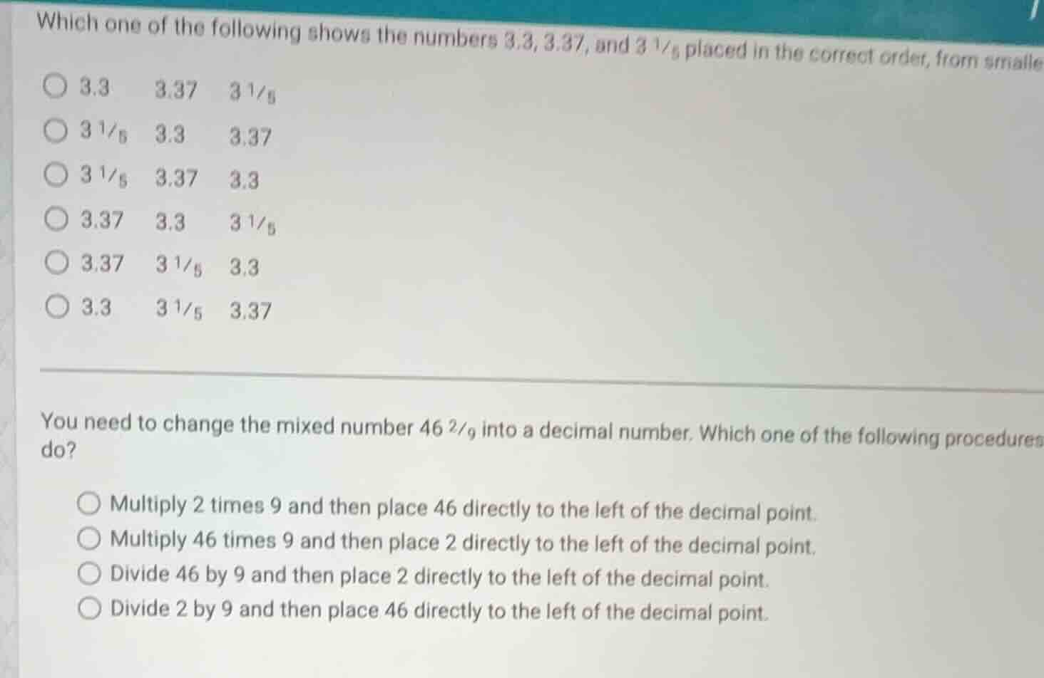 which one of the following shows the numbers 3.3, 3.37, and $3\\ 1/5$ p…
