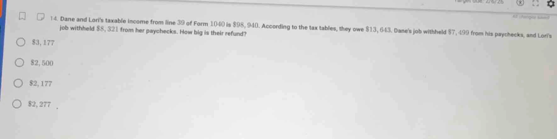 14. dane and loris taxable income from line 39 of form 1040 is $98,940.…