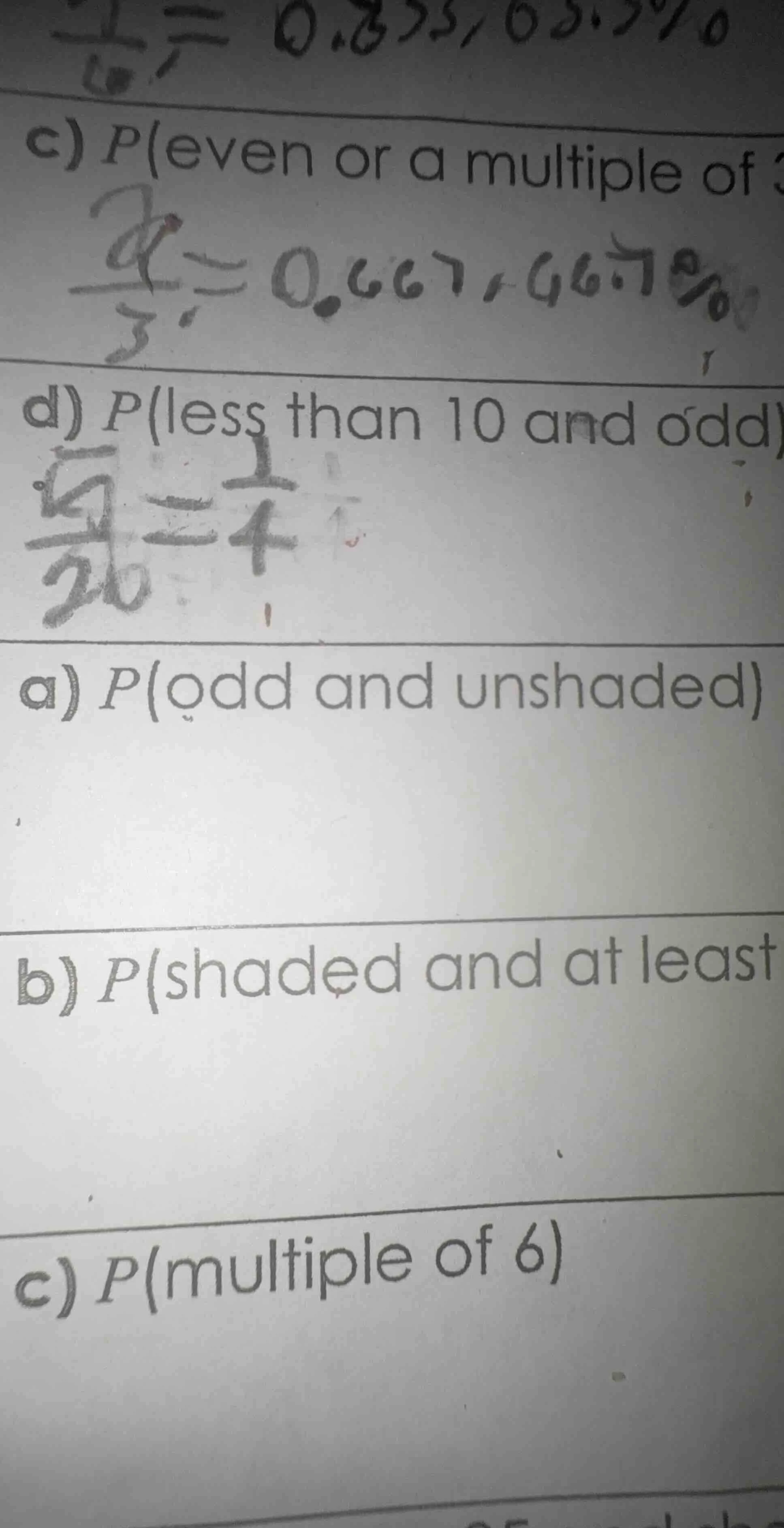 c) p(even or a multiple of d) p(less than 10 and odd) a) p(odd and unsh…