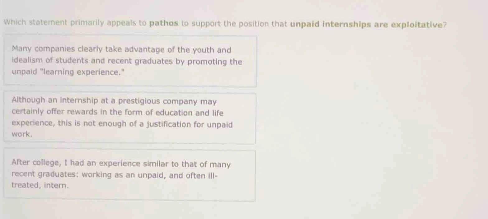 which statement primarily appeals to pathos to support the position tha…