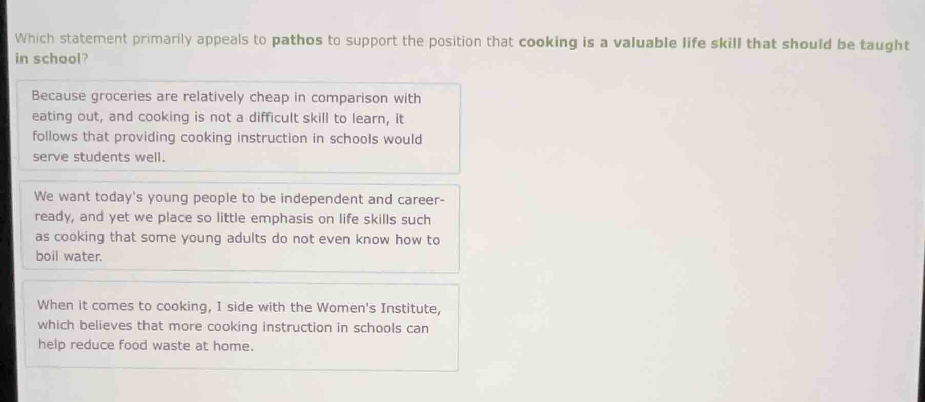 which statement primarily appeals to pathos to support the position tha…