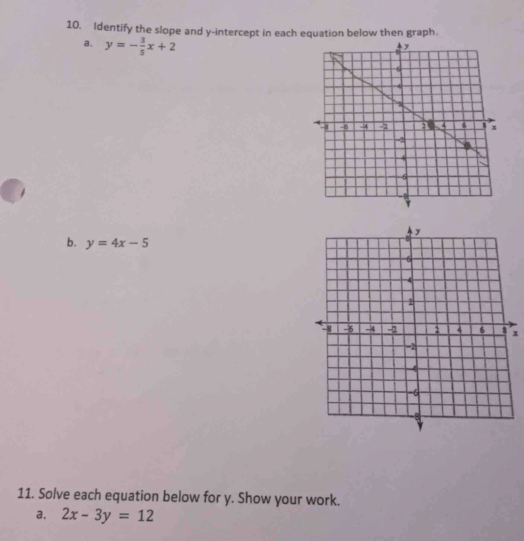 10. identify the slope and y-intercept in each equation below then grap…