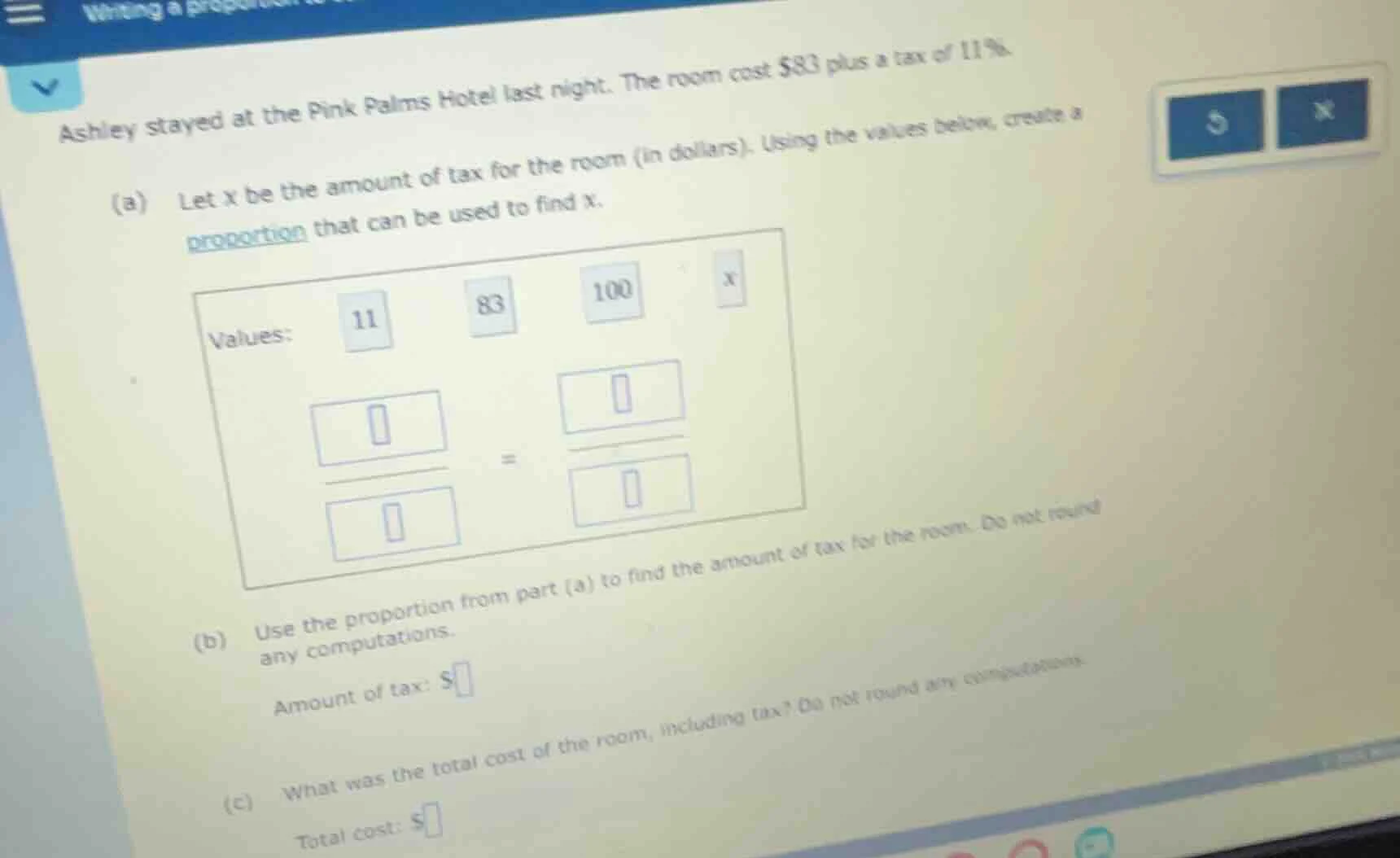 ashley stayed at the pink palms hotel last night. the room cost $83 plu…