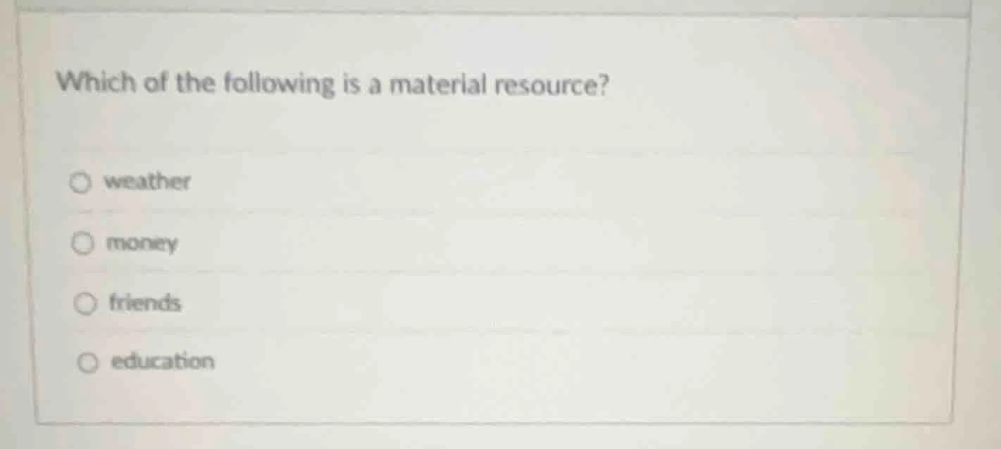 which of the following is a material resource? weather money friends ed…