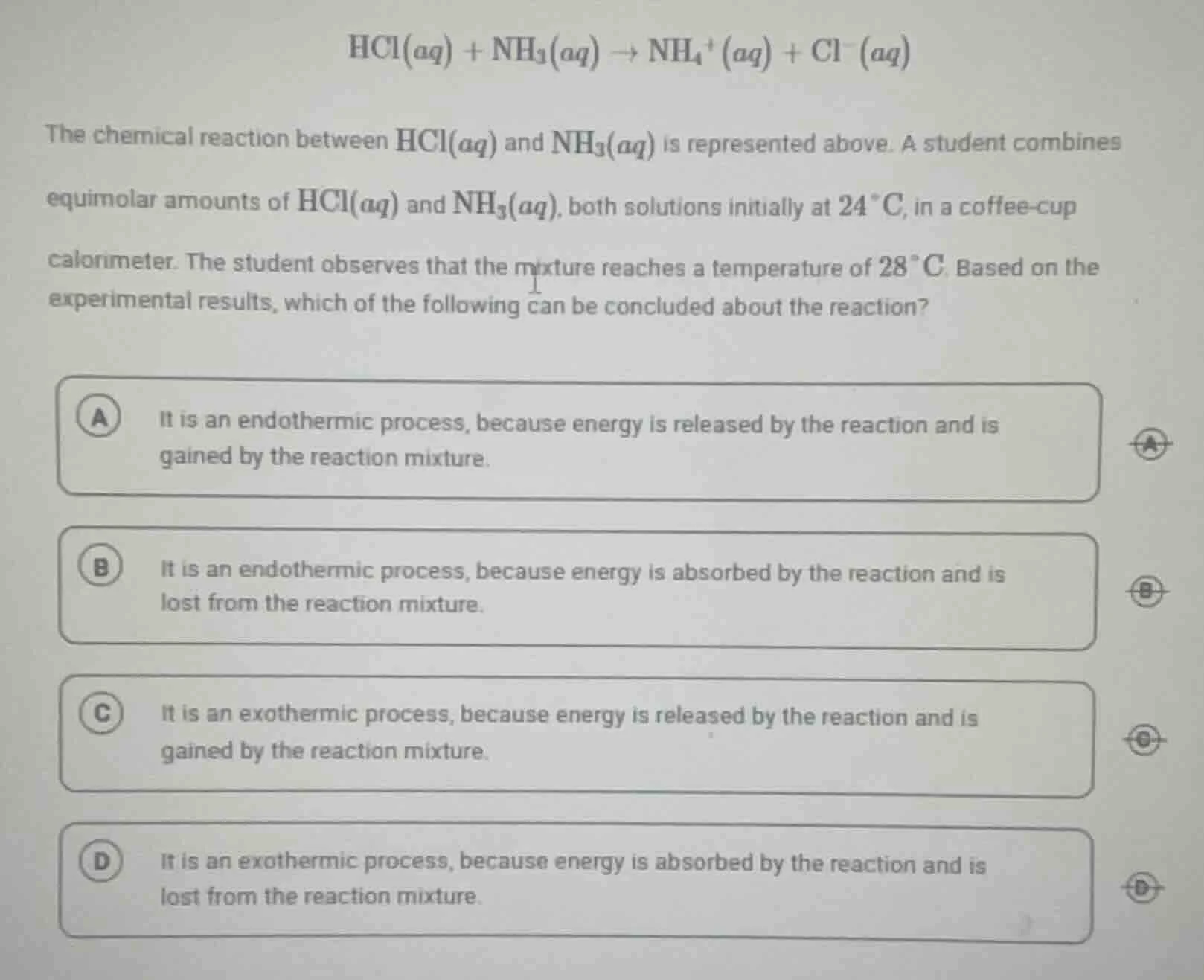hcl(aq) + nh₃(aq) → nh₄⁺(aq) + cl⁻(aq) the chemical reaction between hc…