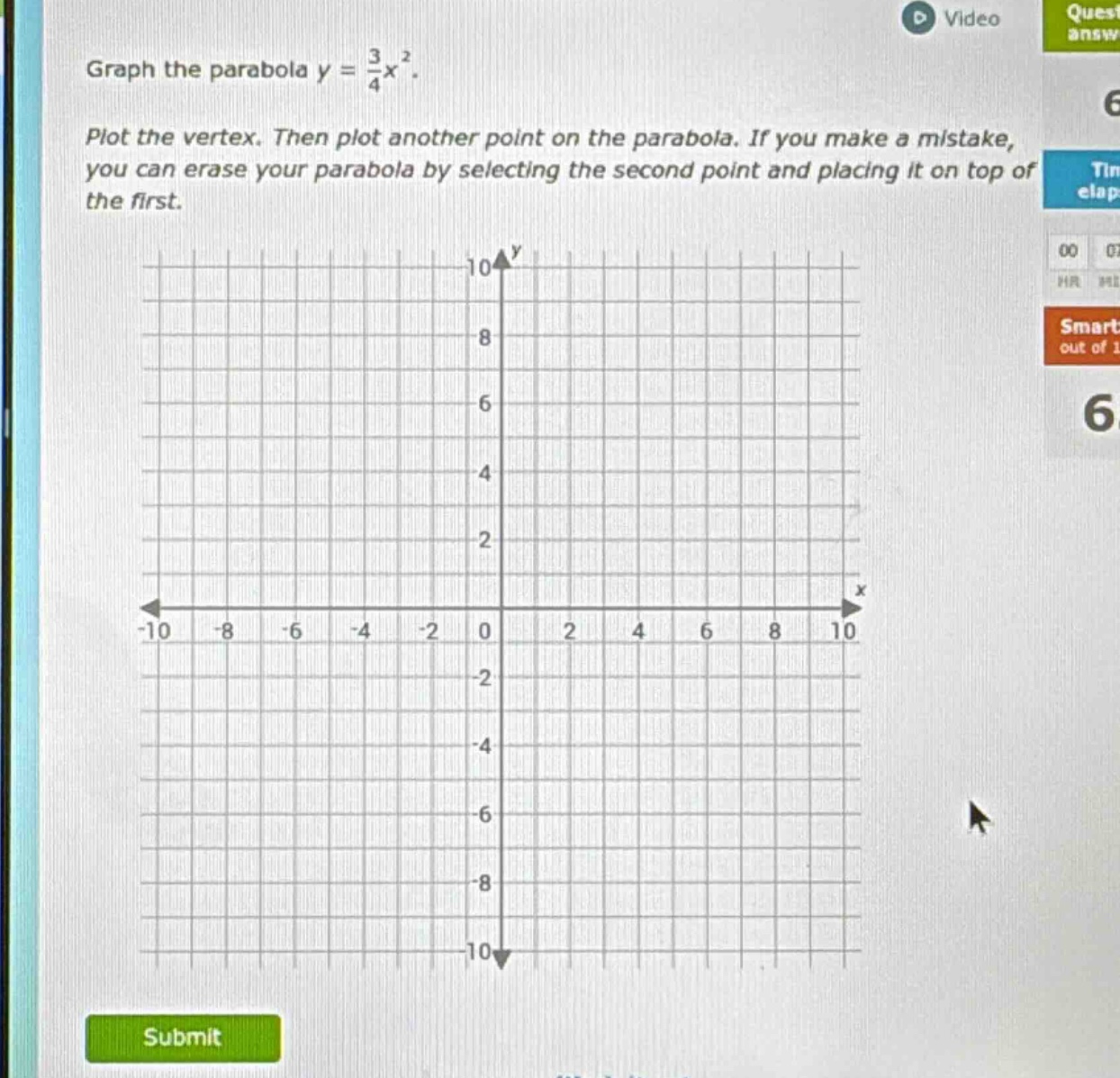 graph the parabola $y = \\frac{3}{4}x^2$. plot the vertex. then plot an…