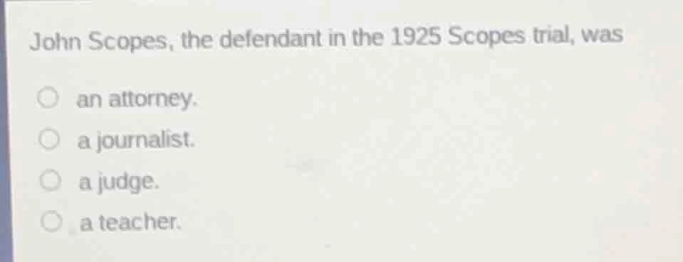 john scopes, the defendant in the 1925 scopes trial, was an attorney. a…