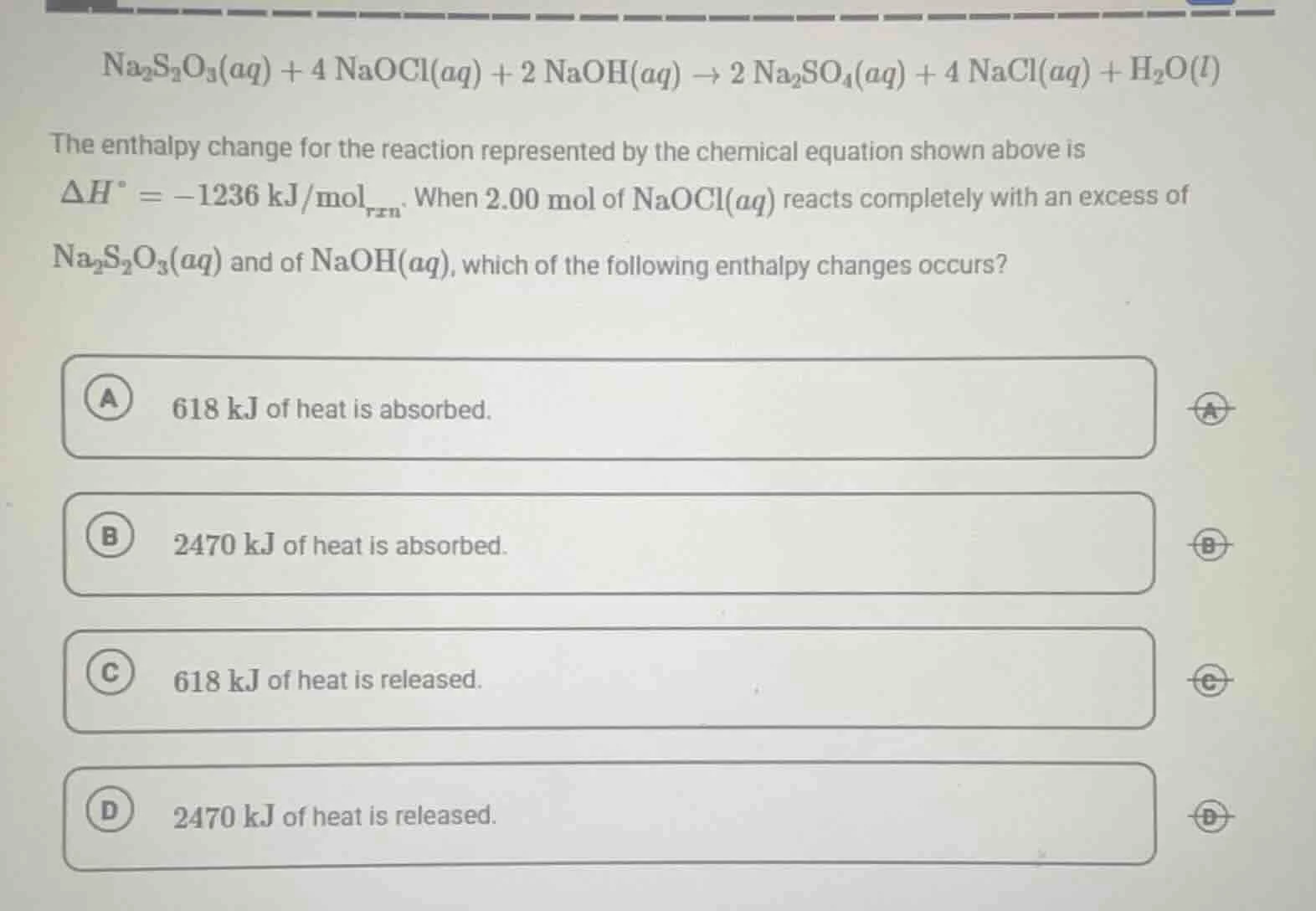 $$ce{na_{2}s_{2}o_{3}(aq) + 4 naocl(aq) + 2 naoh(aq) -> 2 na_{2}so_{4}(…