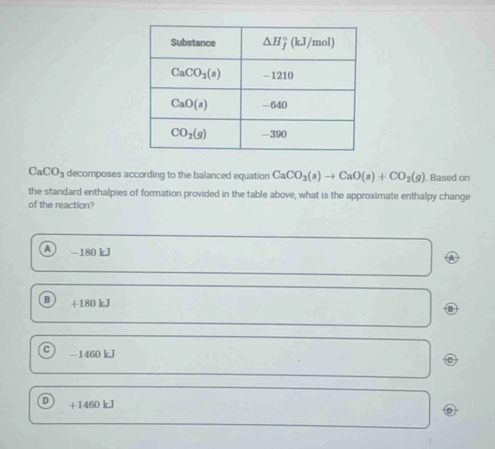 substance | $delta h_f^o$ (kj/mol) caco₃(s) | -1210 cao(s) | -640 co₂(g…