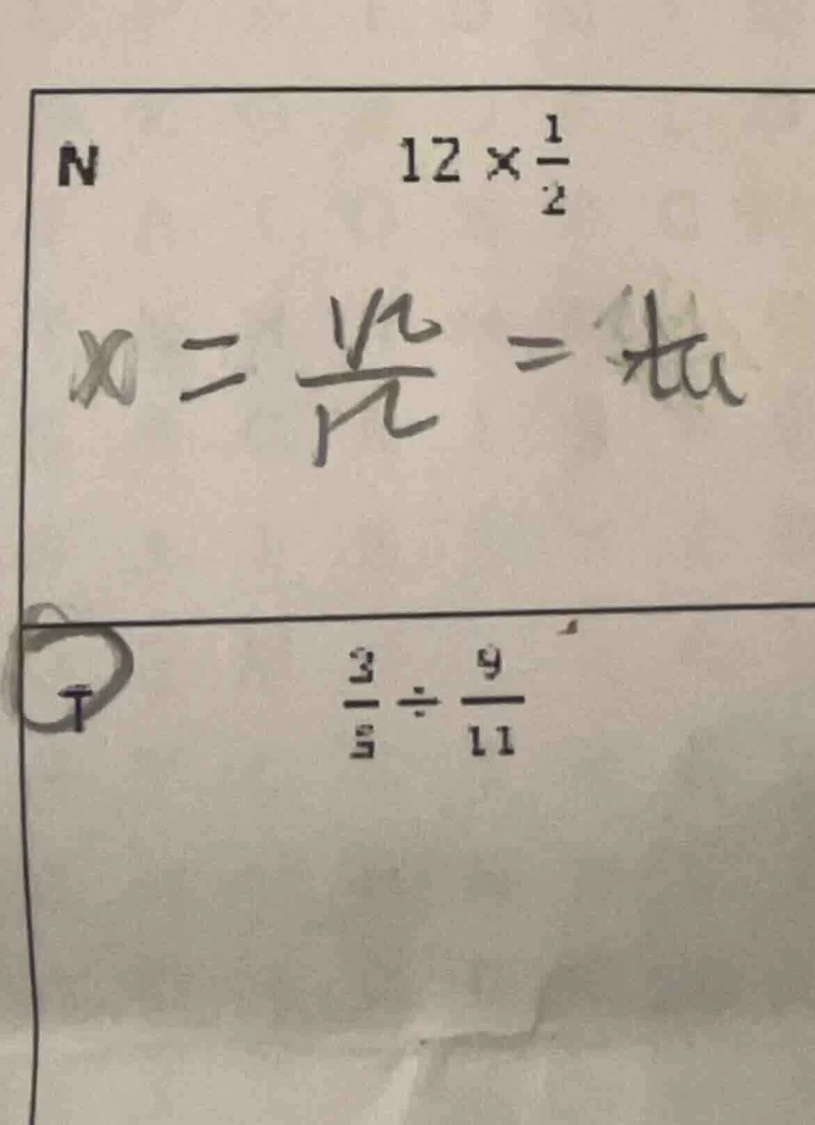 n 12×(1/2); t (3/5)÷(9/11)