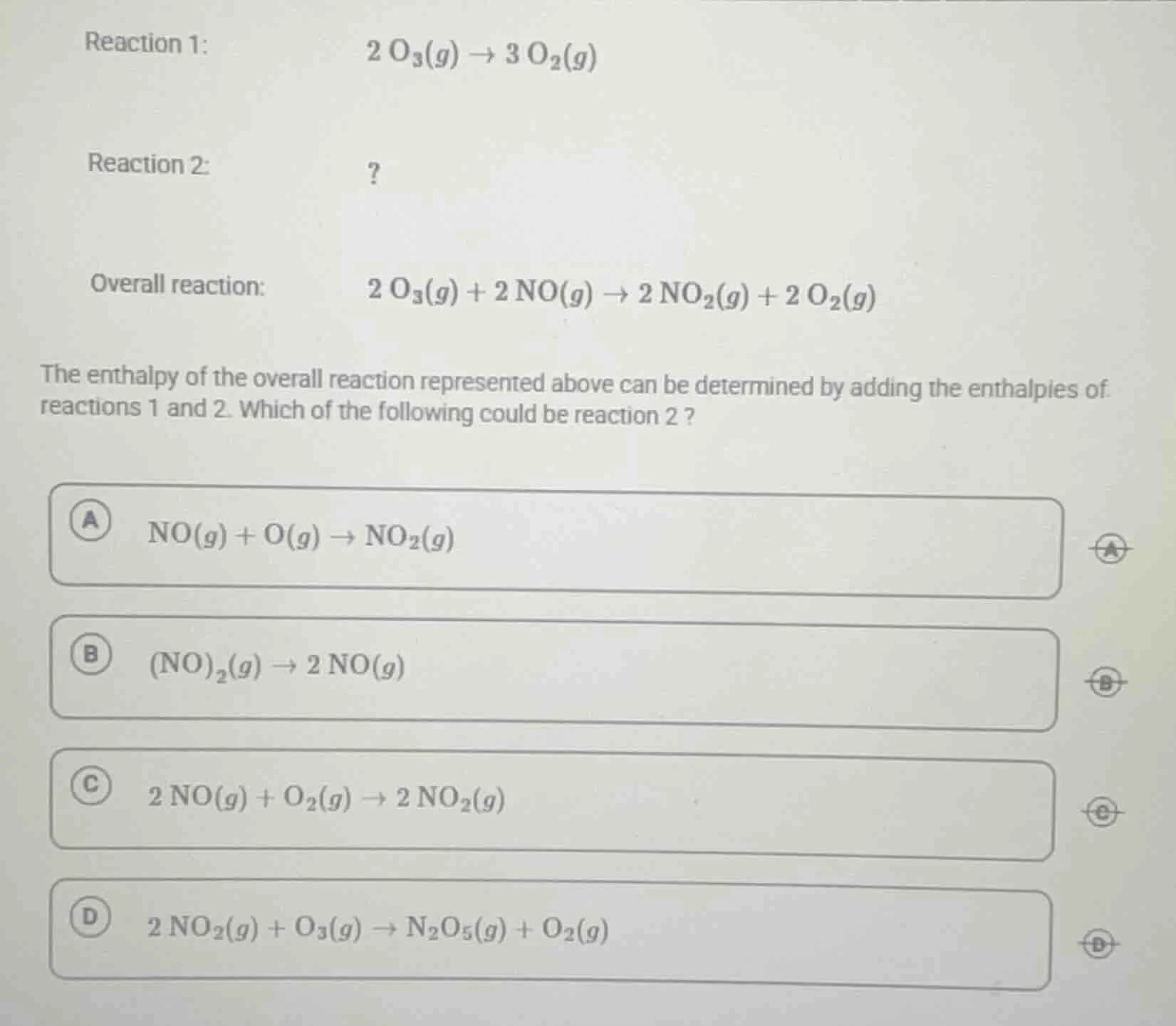 reaction 1: \\( 2 \\, \\text{o}_3(g) \ ightarrow 3 \\, \\text{o}_2(g) \…