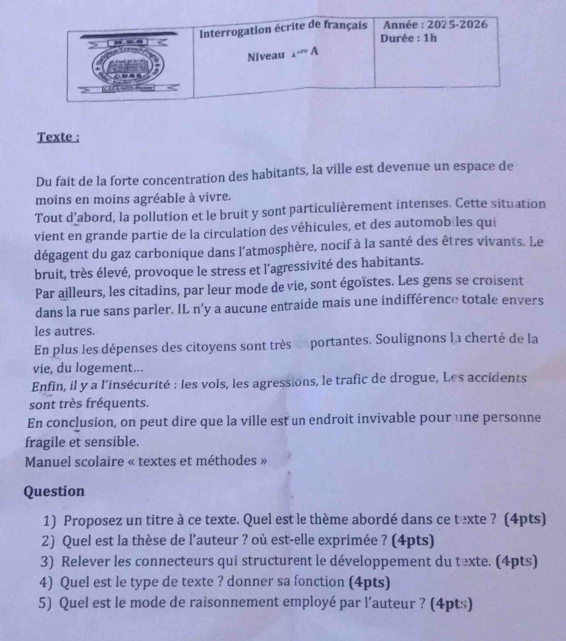 interrogation écrite de français niveau 1ère a année : 2025-2026 durée …