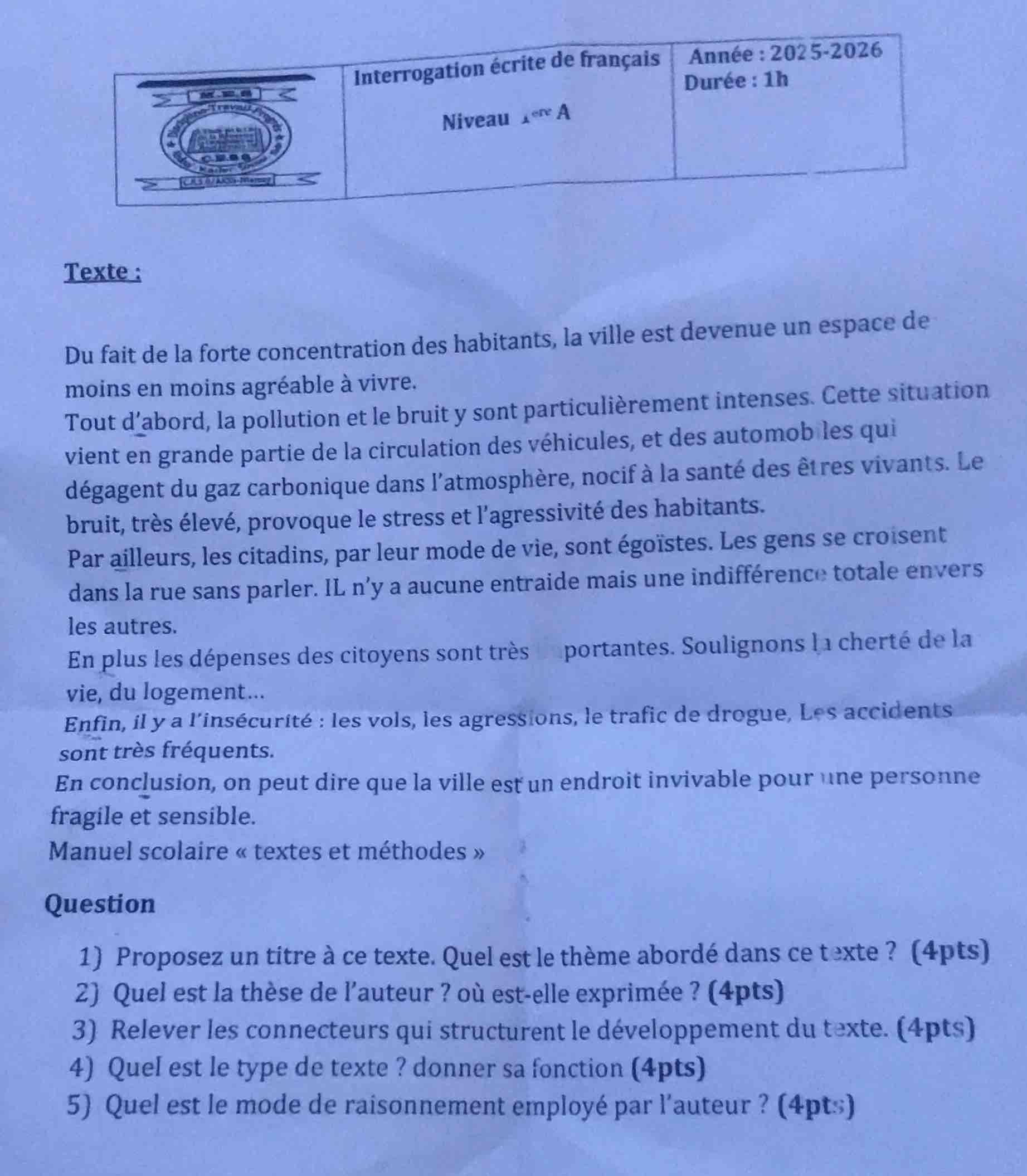 interrogation écrite de français niveau 1ère a année : 2025-2026 durée …