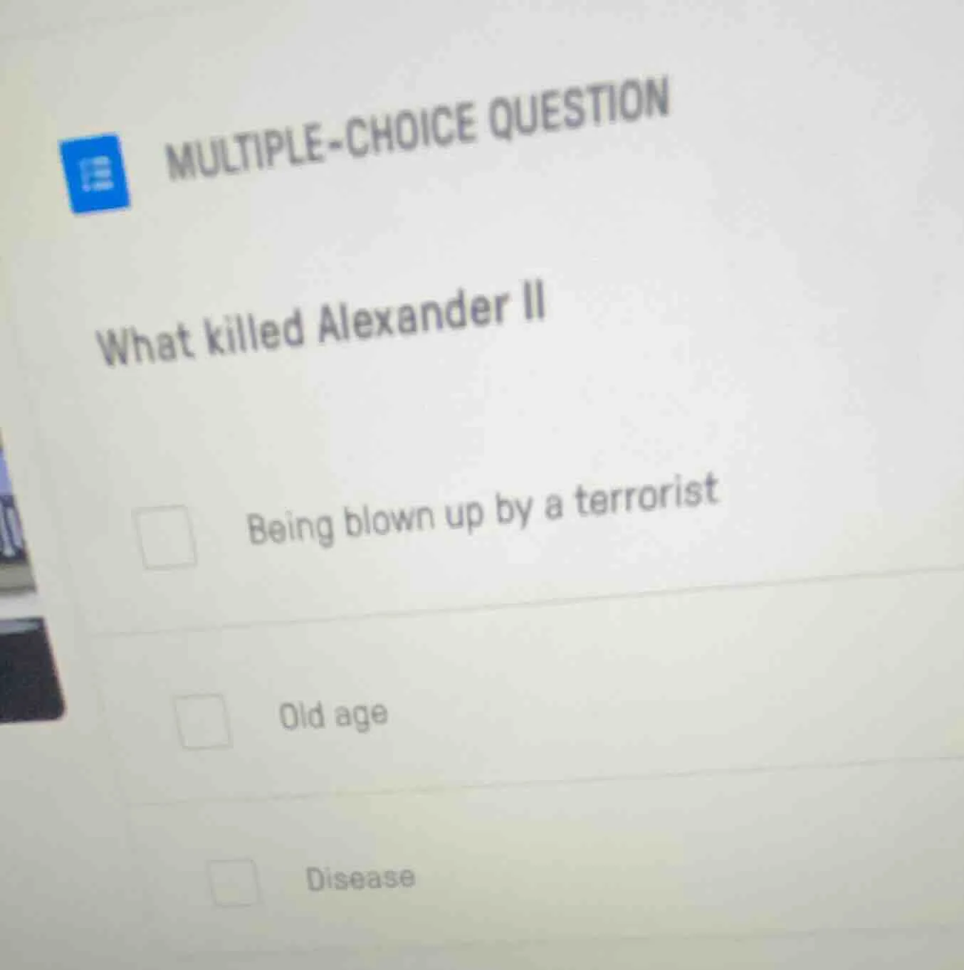multiple-choice question what killed alexander ii being blown up by a t…