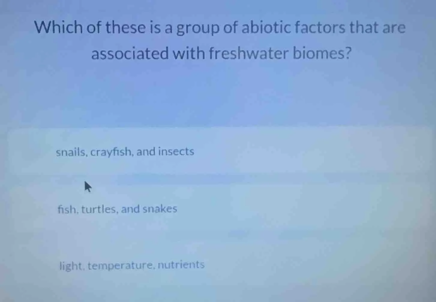 which of these is a group of abiotic factors that are associated with f…