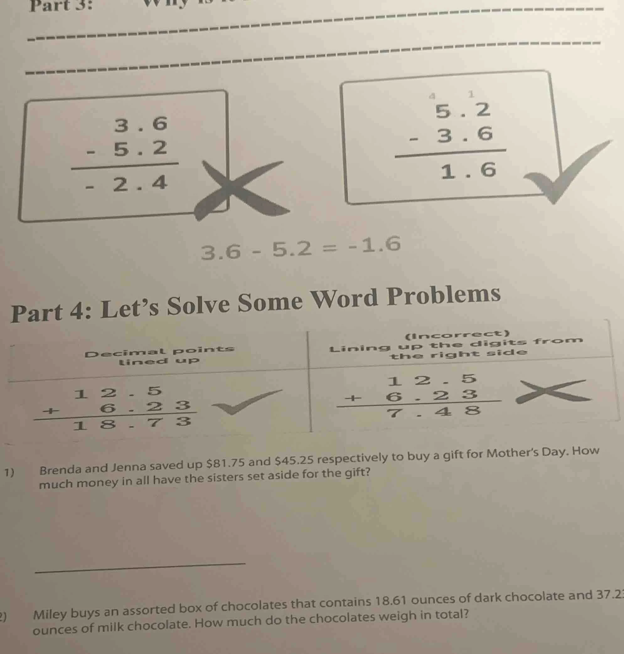 part 3: \\begin{array}{r} 3.6 \\\\ - 5.2 \\\\ \\hline - 2.4 \\end{array…