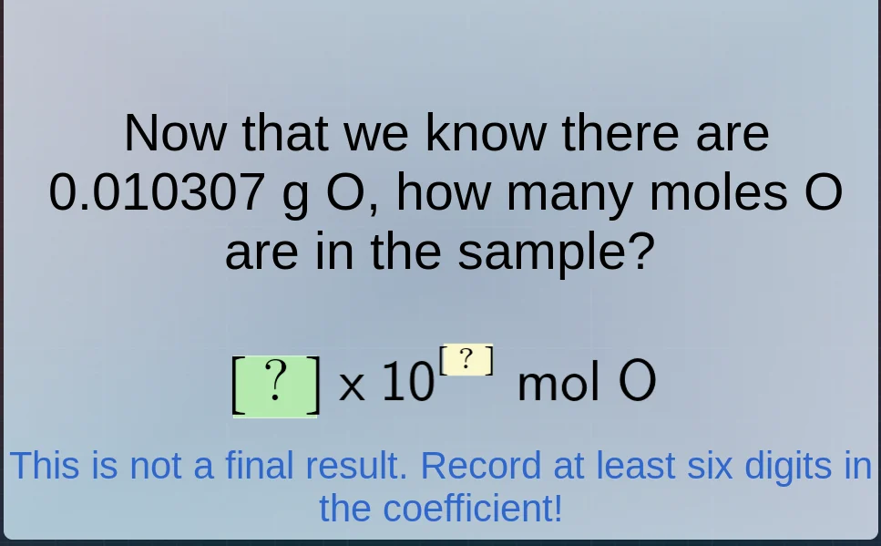 now that we know there are 0.010307 g o, how many moles o are in the sa…