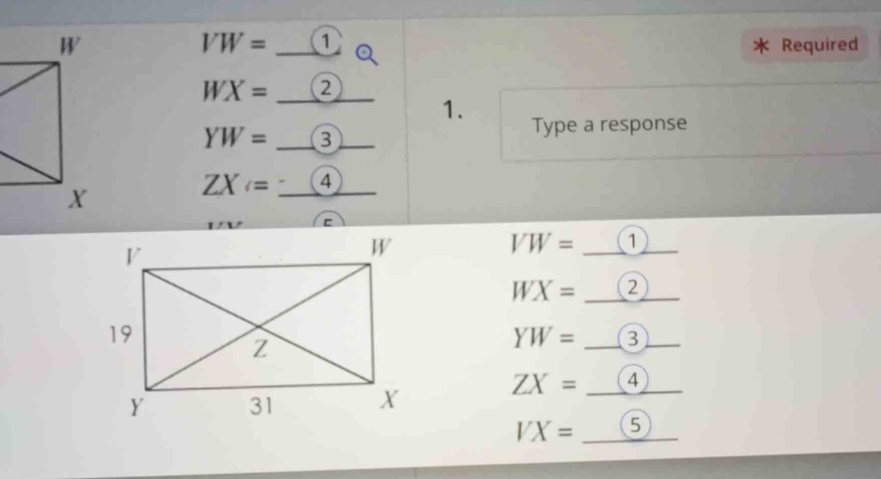 vw = ① wx = ② yw = ③ zx = ④ vx = ⑤ (there is a rectangle vywx with leng…