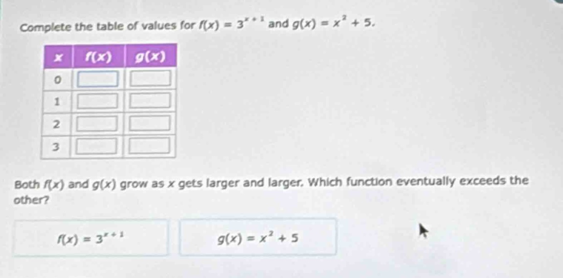 complete the table of values for $f(x) = 3^{x + 1}$ and $g(x) = x^2 + 5…