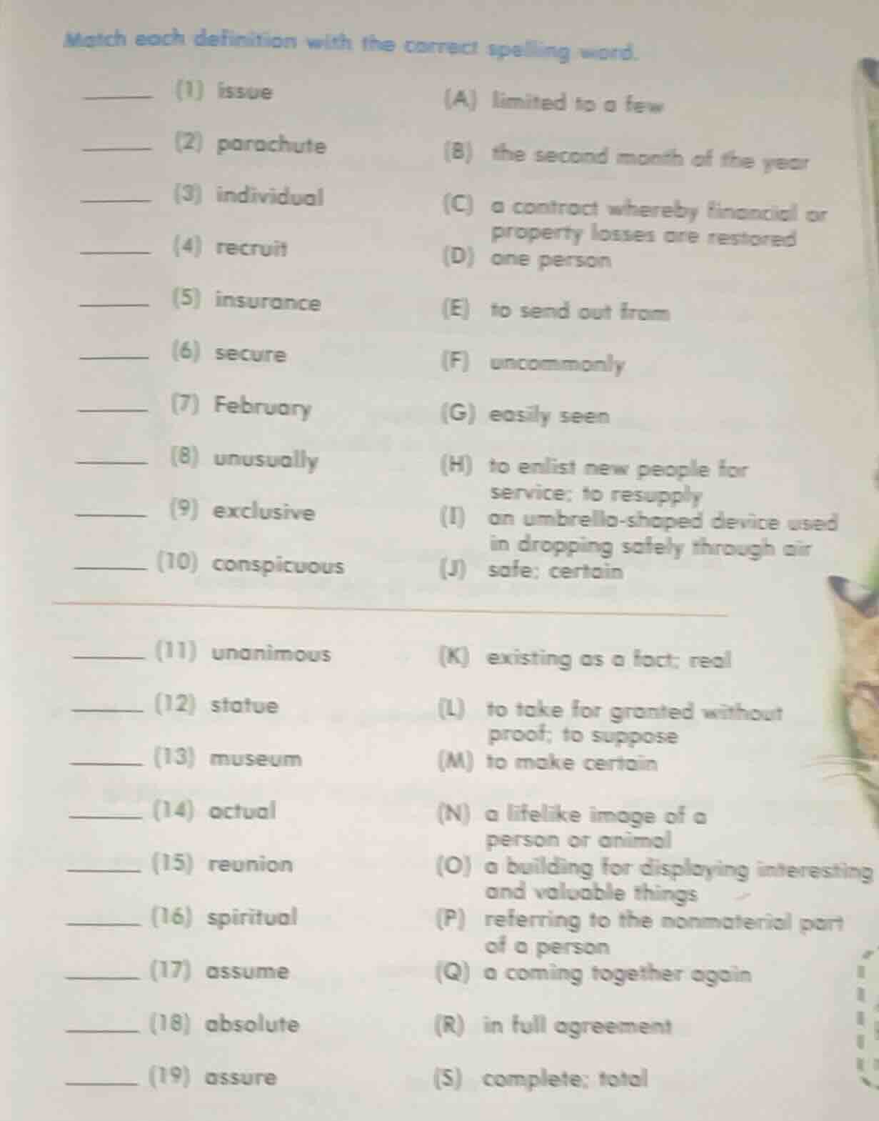 match each definition with the correct spelling word. ______ (1) issue …